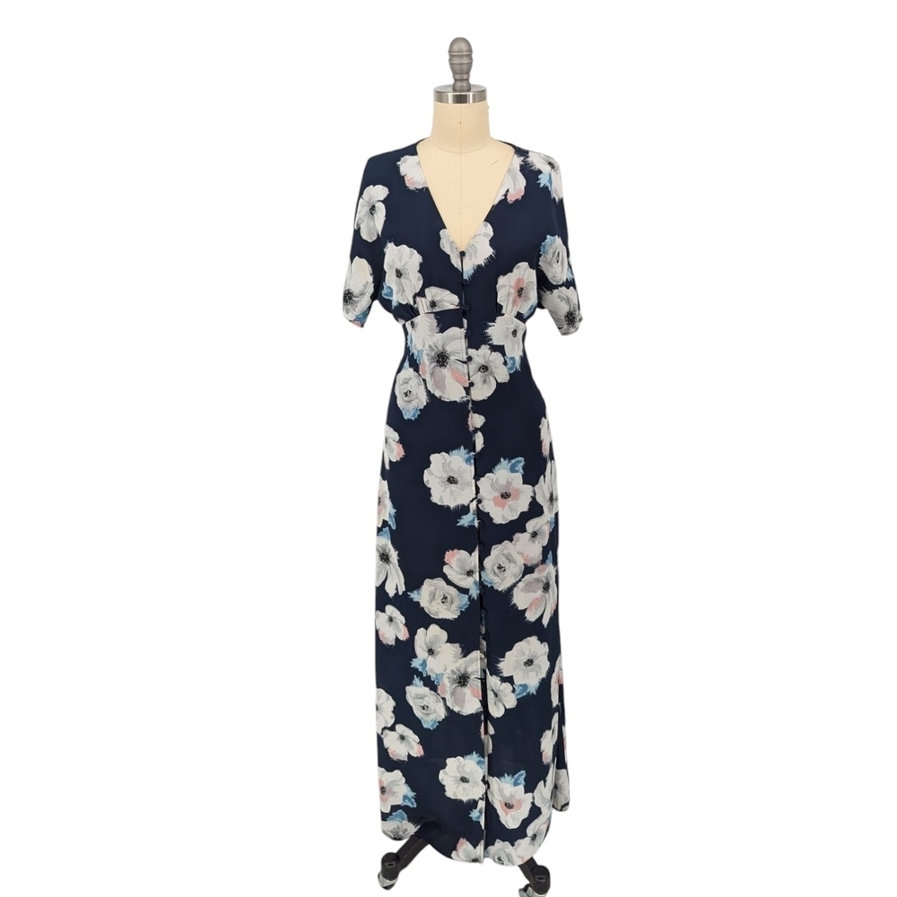 Reitmans V Neck Floral Maxi Dress Blue White XS bohemian preppy wedding classic